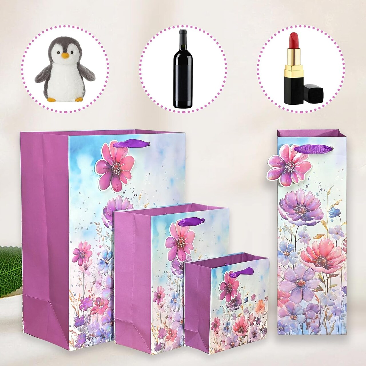 6 Pack Purple Flowers Pattern Embossed Paper Gift Bag with Handles, Assorted Paper Bags with 8 Pcs Tissue Paper for Girls/Women Baby Shower